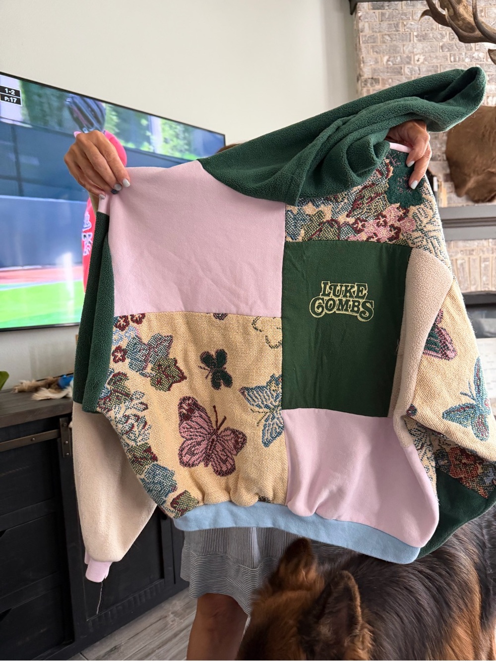 Luke Combs Patchwork Fleece Pullover - Green, Pink, Cream